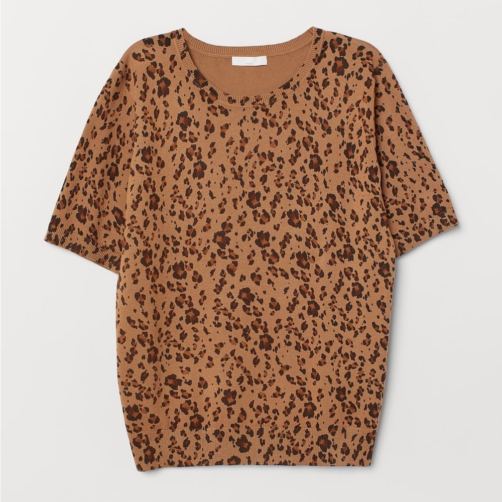 H&M 16” PTP Leopard Print Short Sleeve Cardigan, Brown, Size XS.